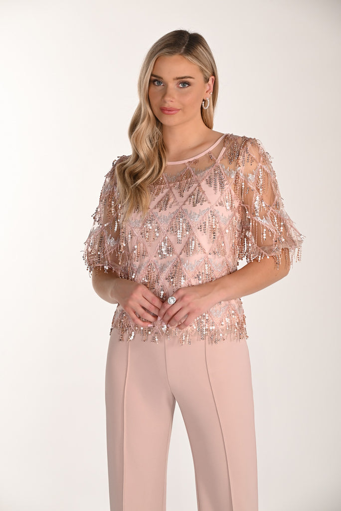 Elegant Blush Sequin Fringed 2 Piece Evening Top