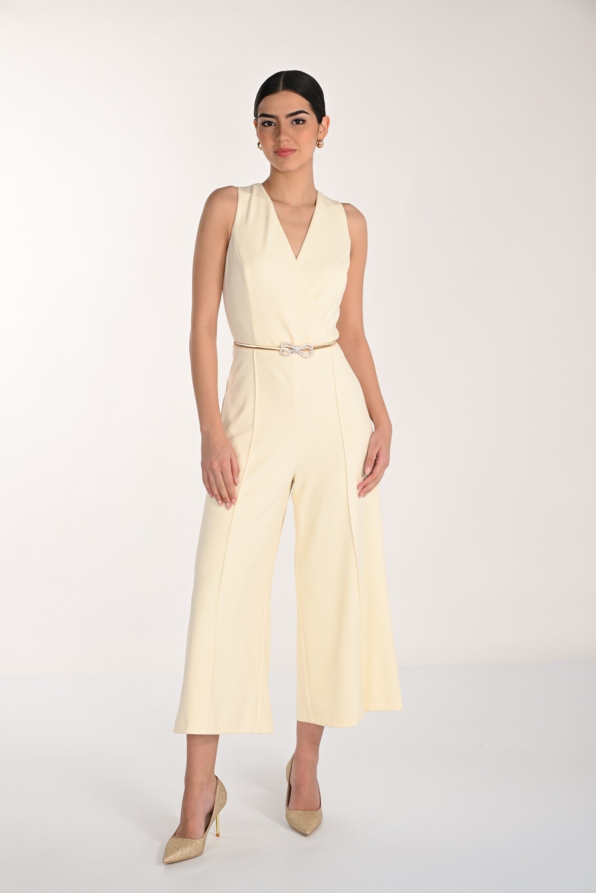 One piece evening sleeveless jumpsuit in custard yellow