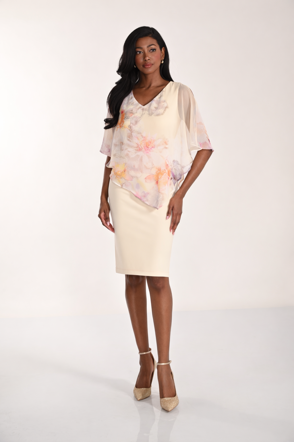 Custard floral print cocktail dress with attached overay
