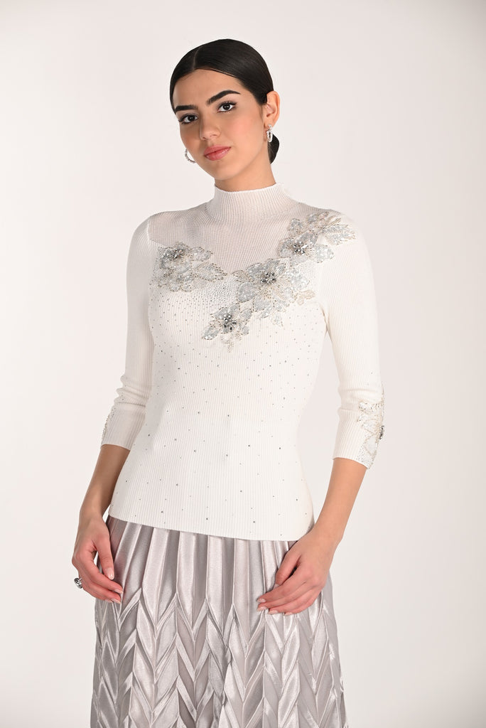 Embroidered Sequin Knit Evening Sweater. Frank Lyman Style 268516