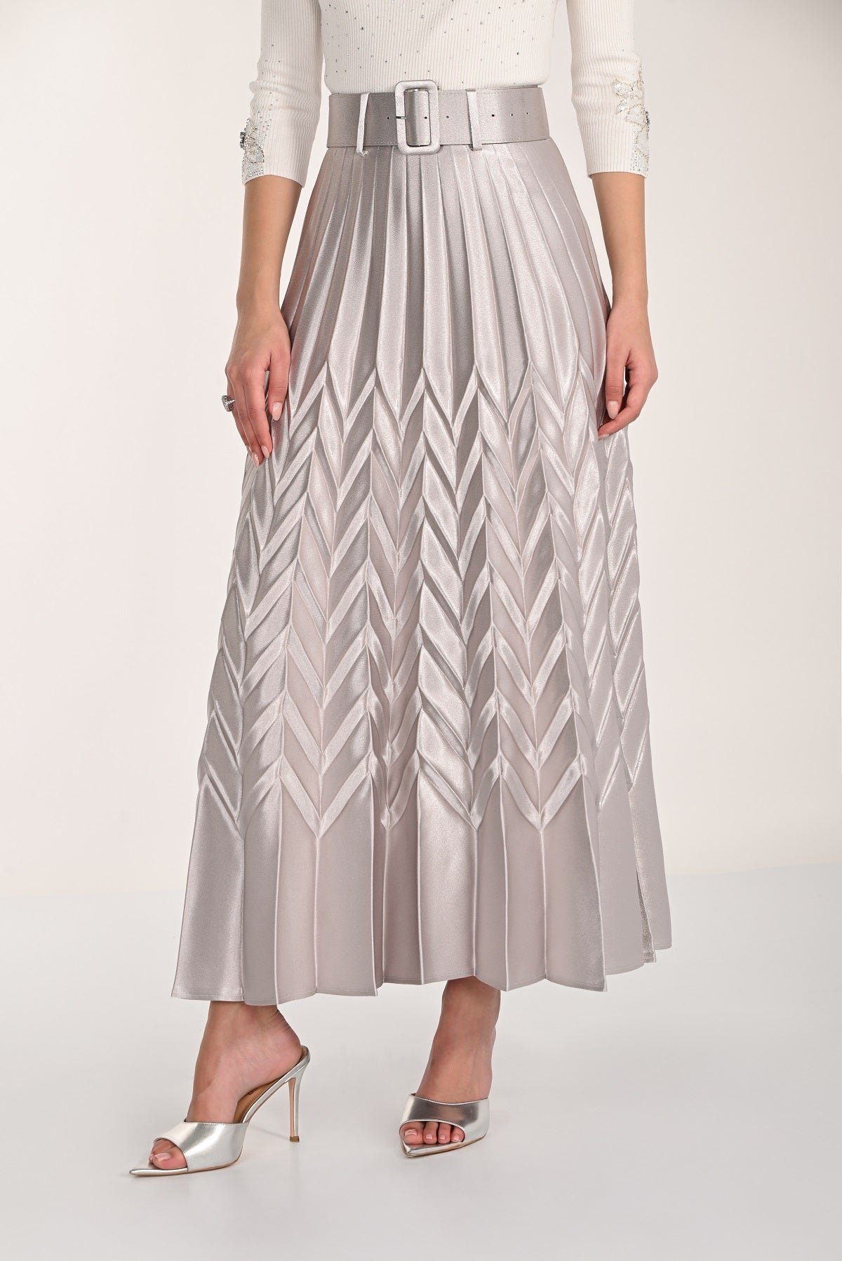 Silver a line evening metallic knit pleated skirt