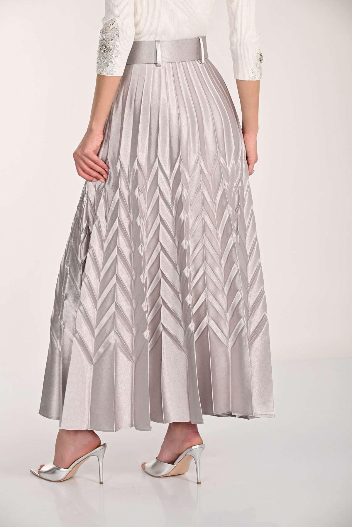 Silver a line evening metallic knit pleated skirt