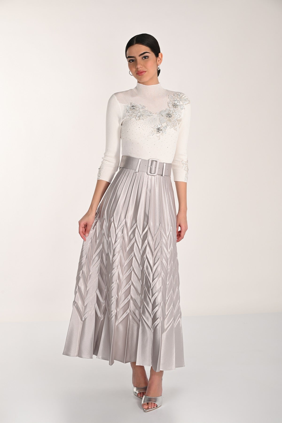 Silver a line evening metallic knit pleated skirt