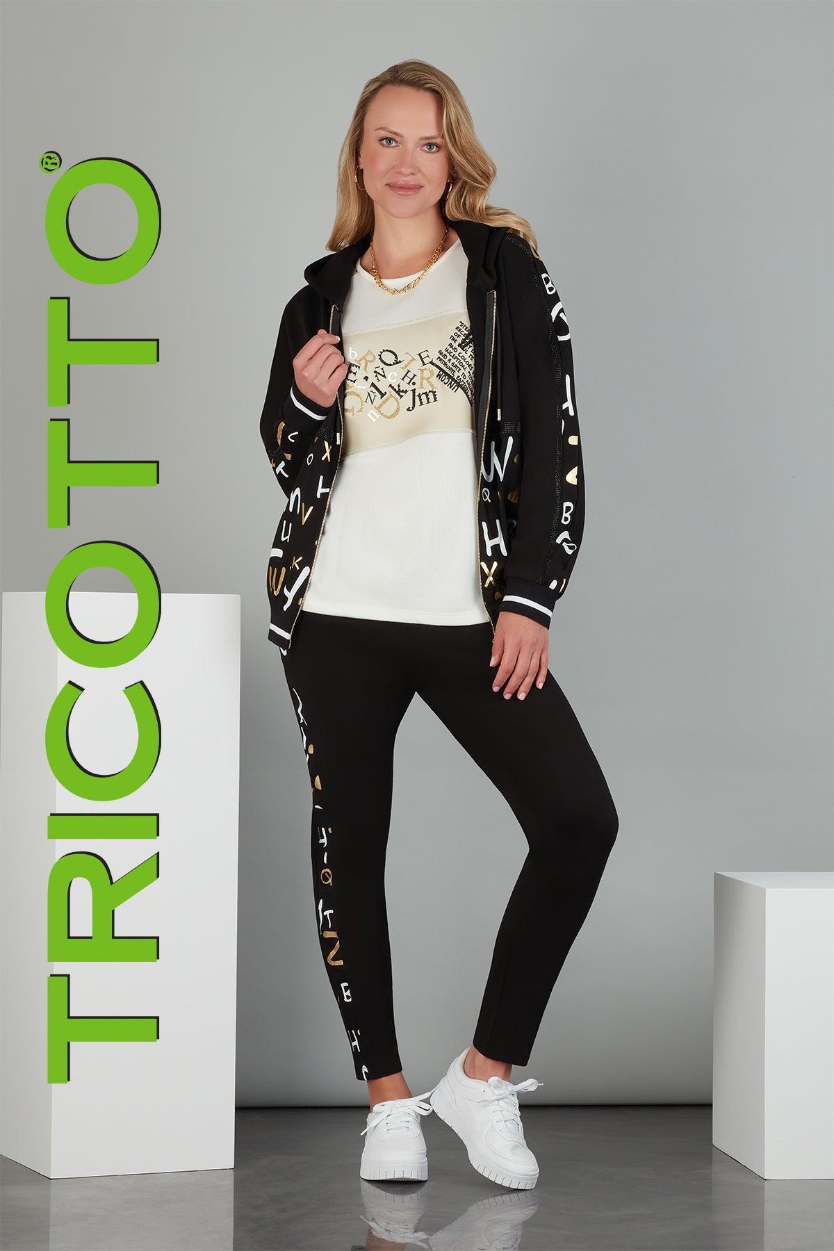 Tricotto Relaxed Pull on black casual pant with side print detail