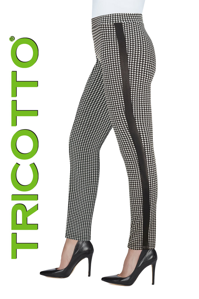 Tricotto black white check pull on legging with vegan leather side detail