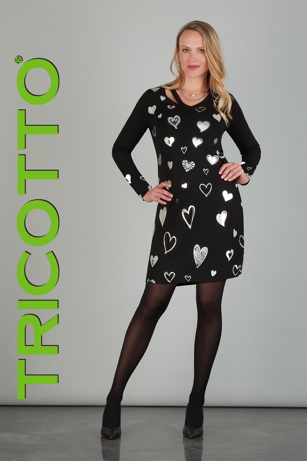 Tricotto Black dress with silver sequin heart print detail on front and back