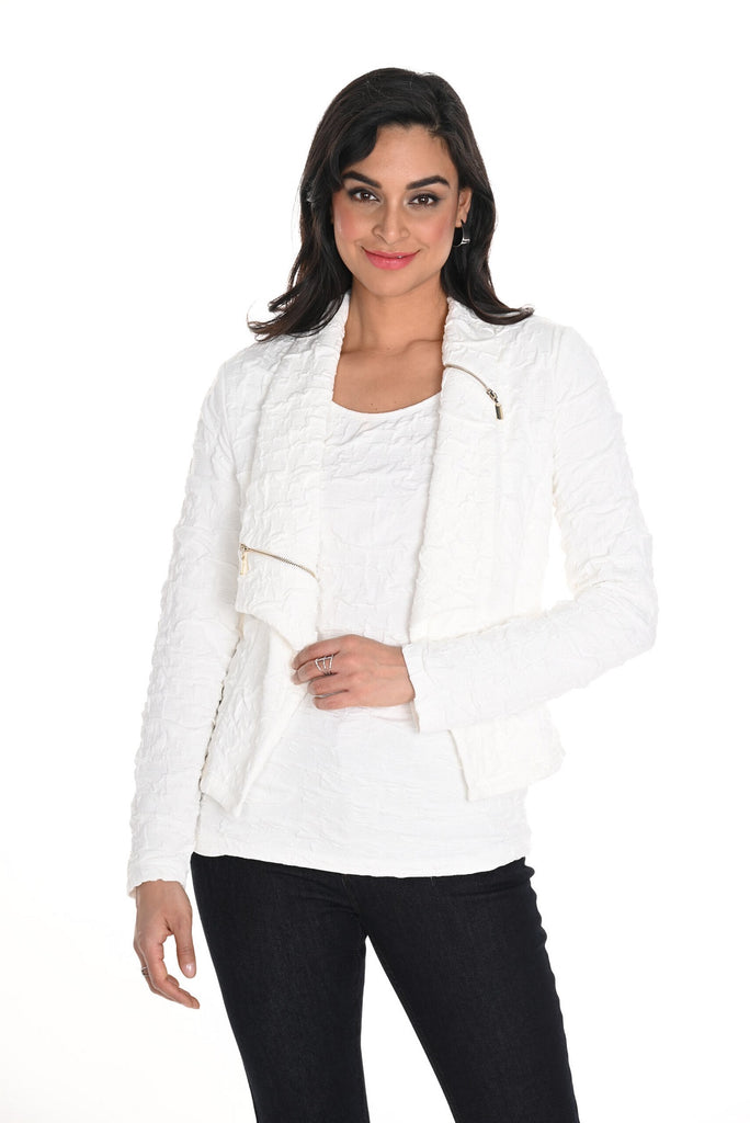 Frank Lyman Wave stretch knit open front jacket with gold zipper detail off white