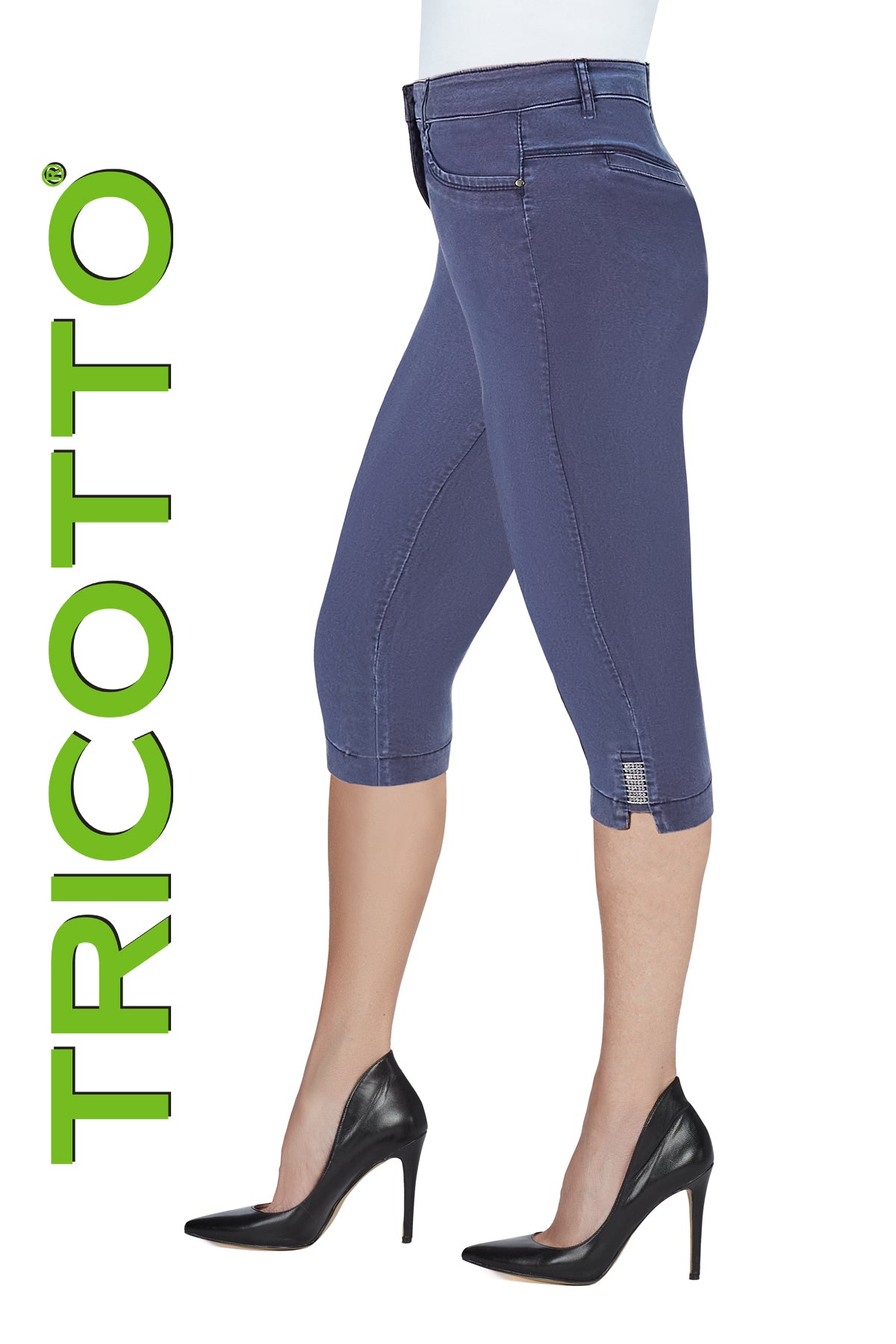 Tricotto Blue Capris with zipper front and sequin hem detail