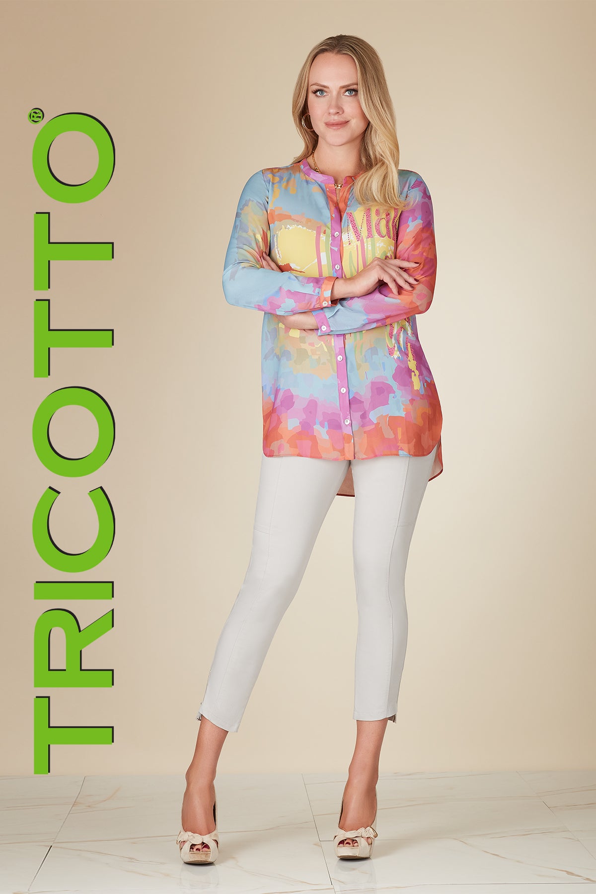 Tricotto Pink multi ptint hi low blouse with front sequin detail