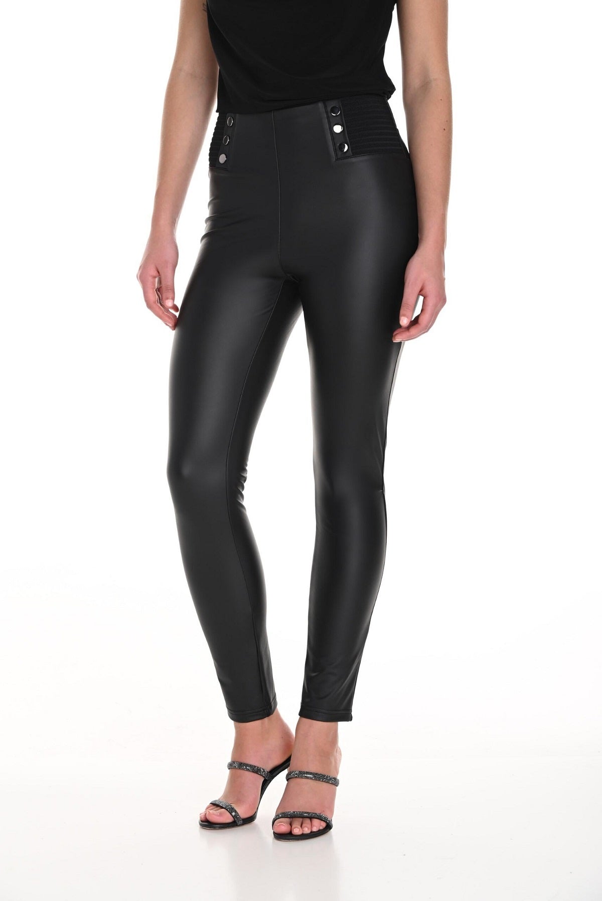 Frank Lyman Montreal Black Vegan Pull on leggings with button front detail