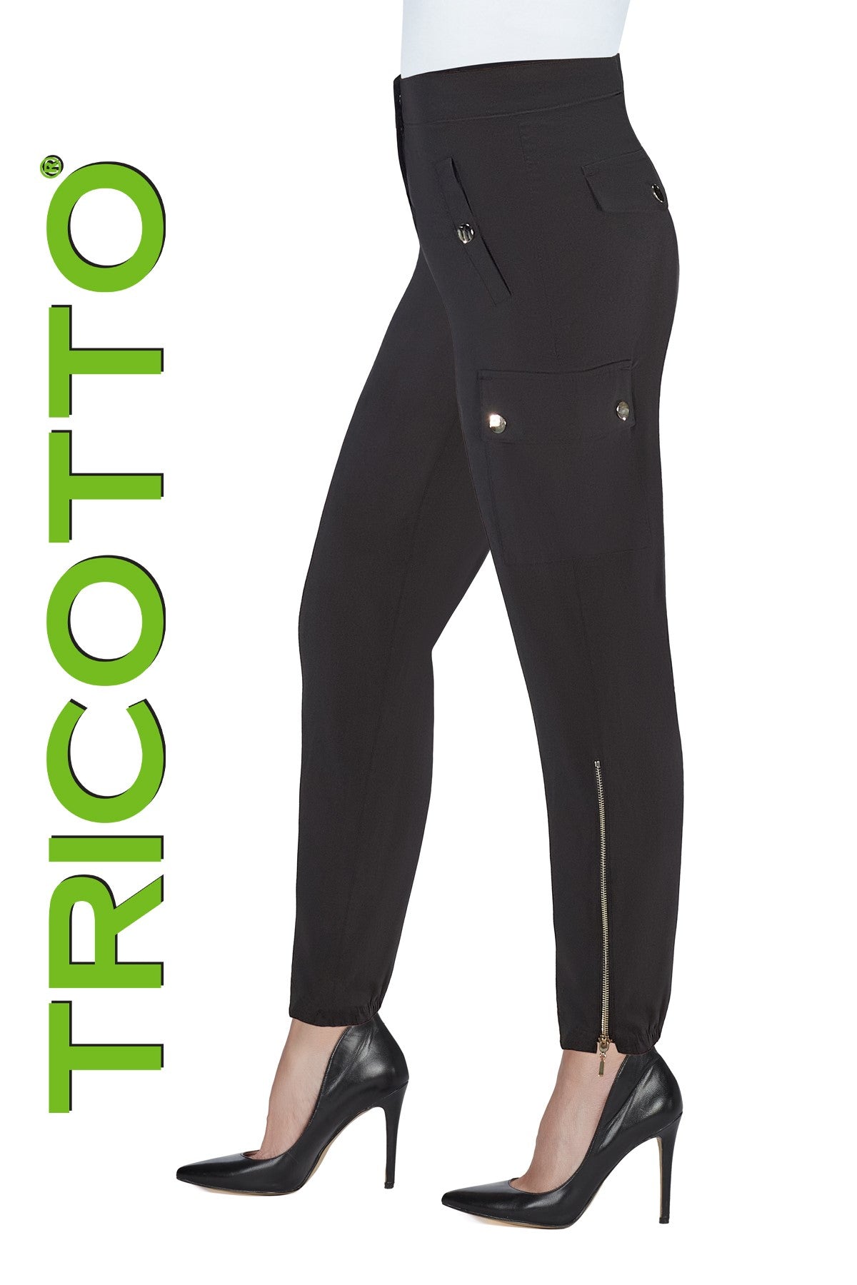 Tricotto Black Microfiber Cargo Pants With Side Zipper Detail