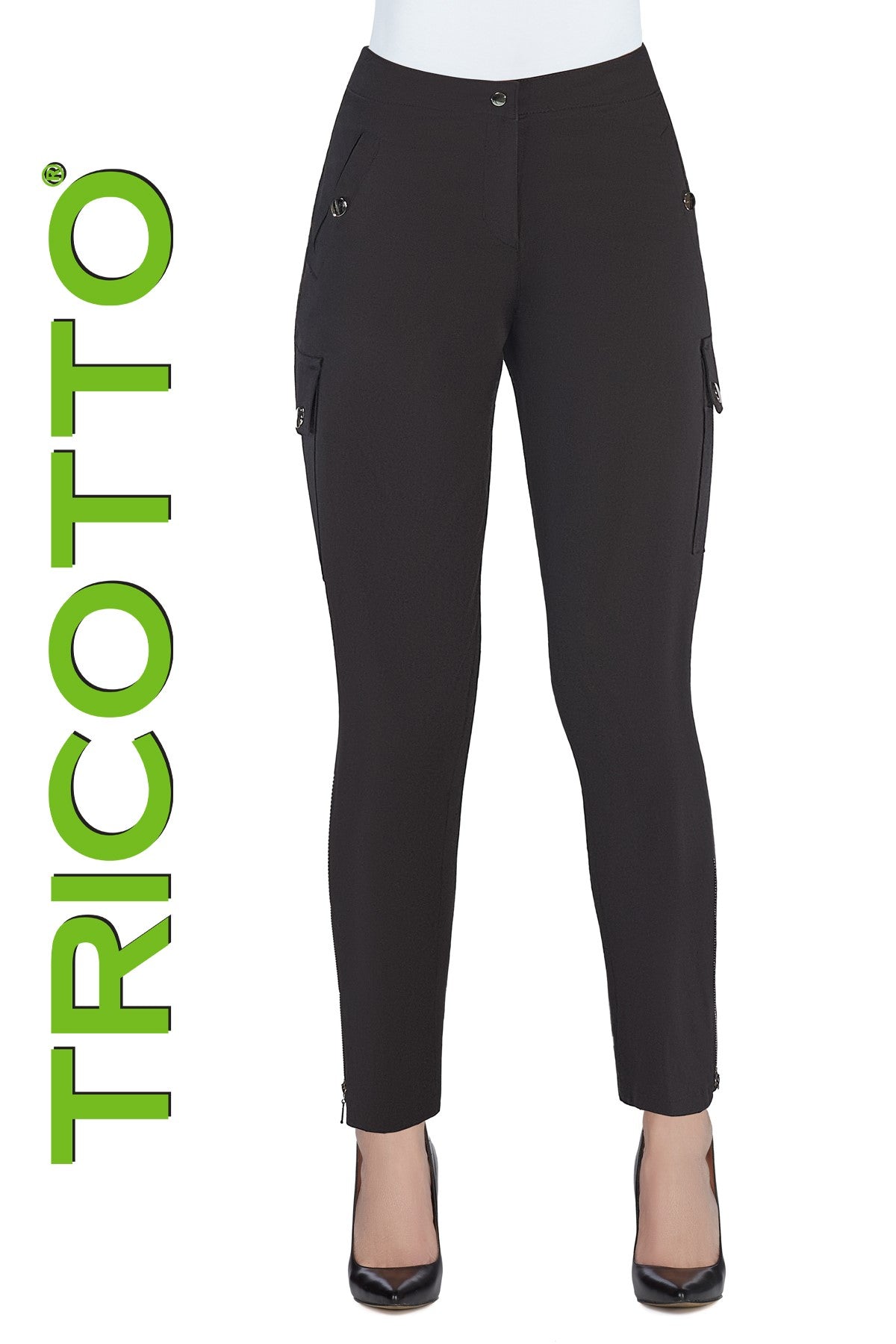 Tricotto Black Microfiber Cargo Pants With Side Zipper Detail