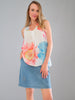 Short denim skirt with sequin pockets and and elastic pull on waistband.