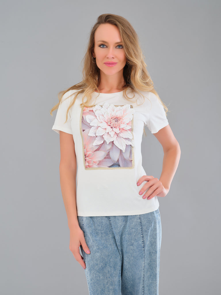 Textured Floral Print T-shirt In White