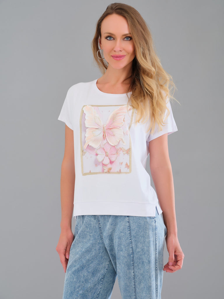 White T-shirt with front floral print detail
