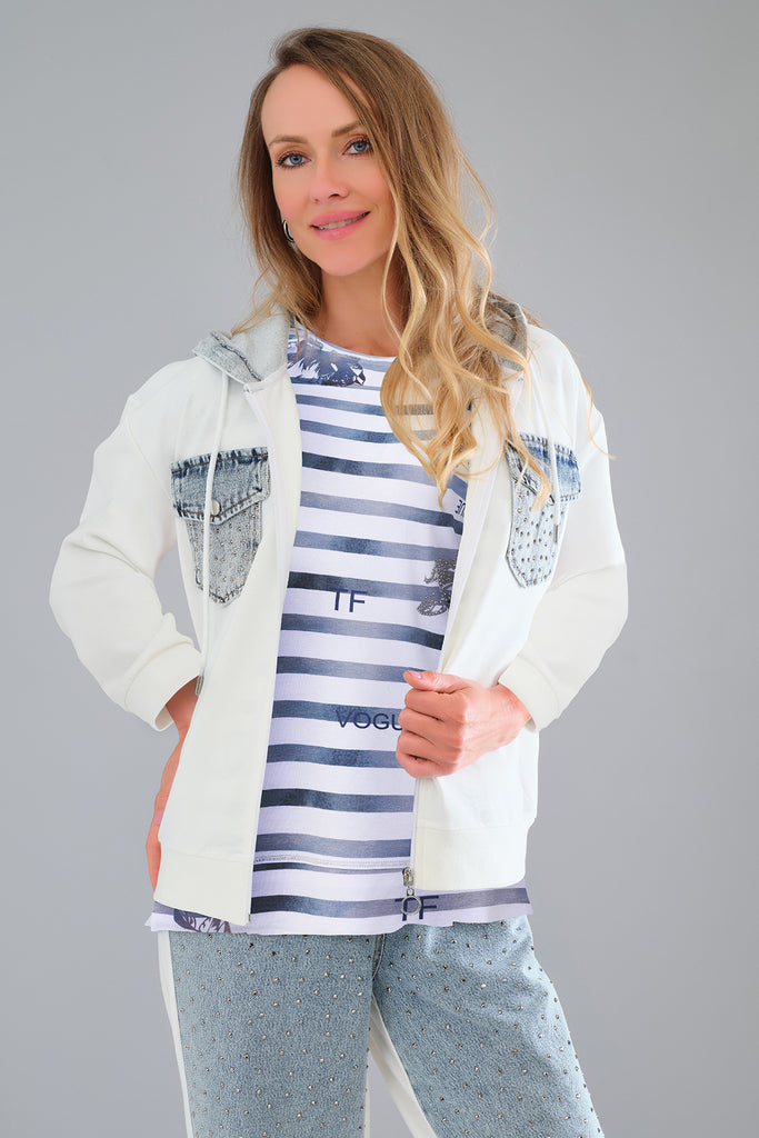 Denim off white hoodie cardigan with sequin pocket detail