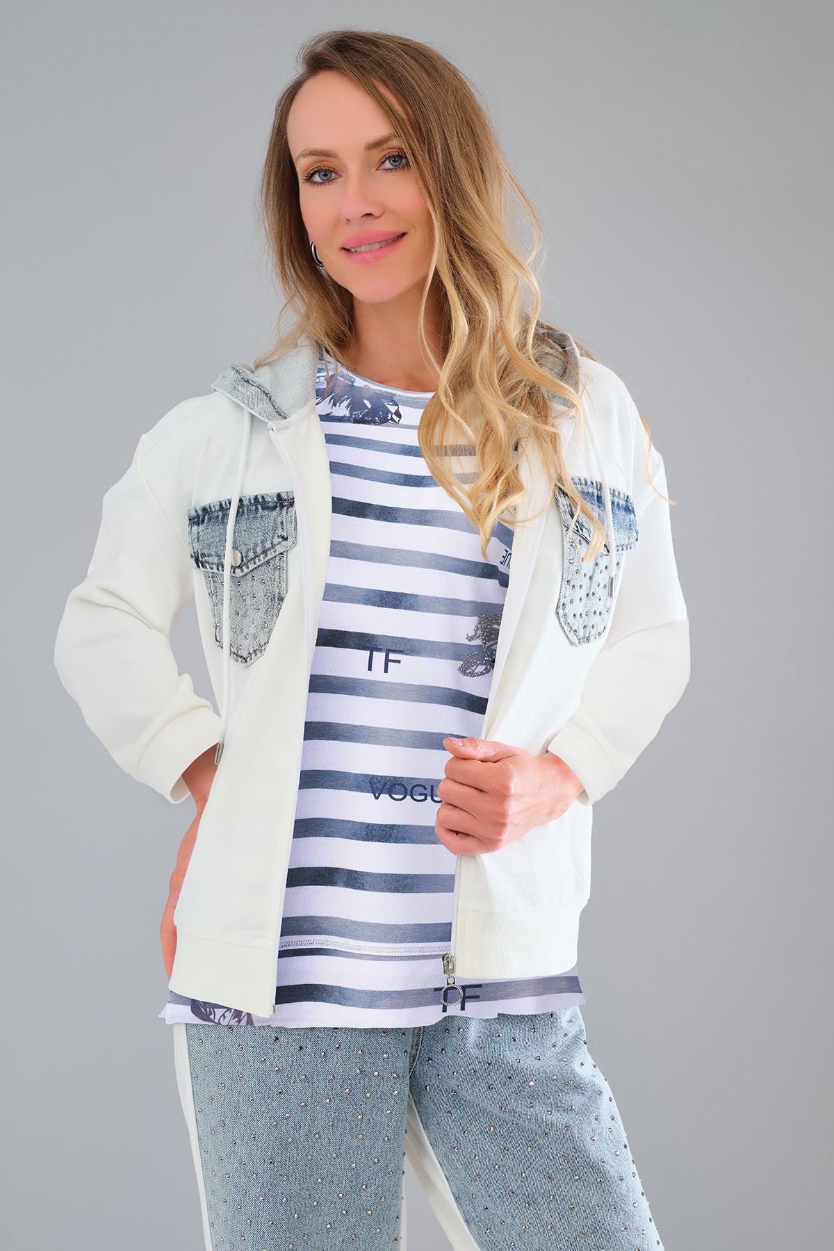 Denim off white hoodie cardigan with sequin pocket detail