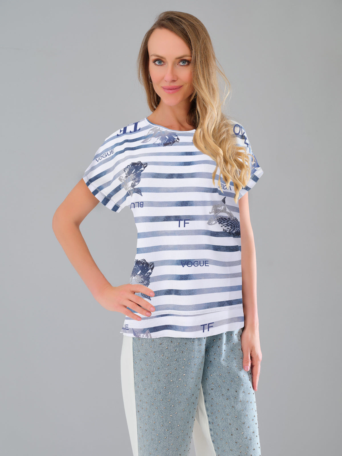 Stretch knit blue striped t-shirt with front sequin detail