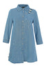 Blue denim dress with star patterns on a white background