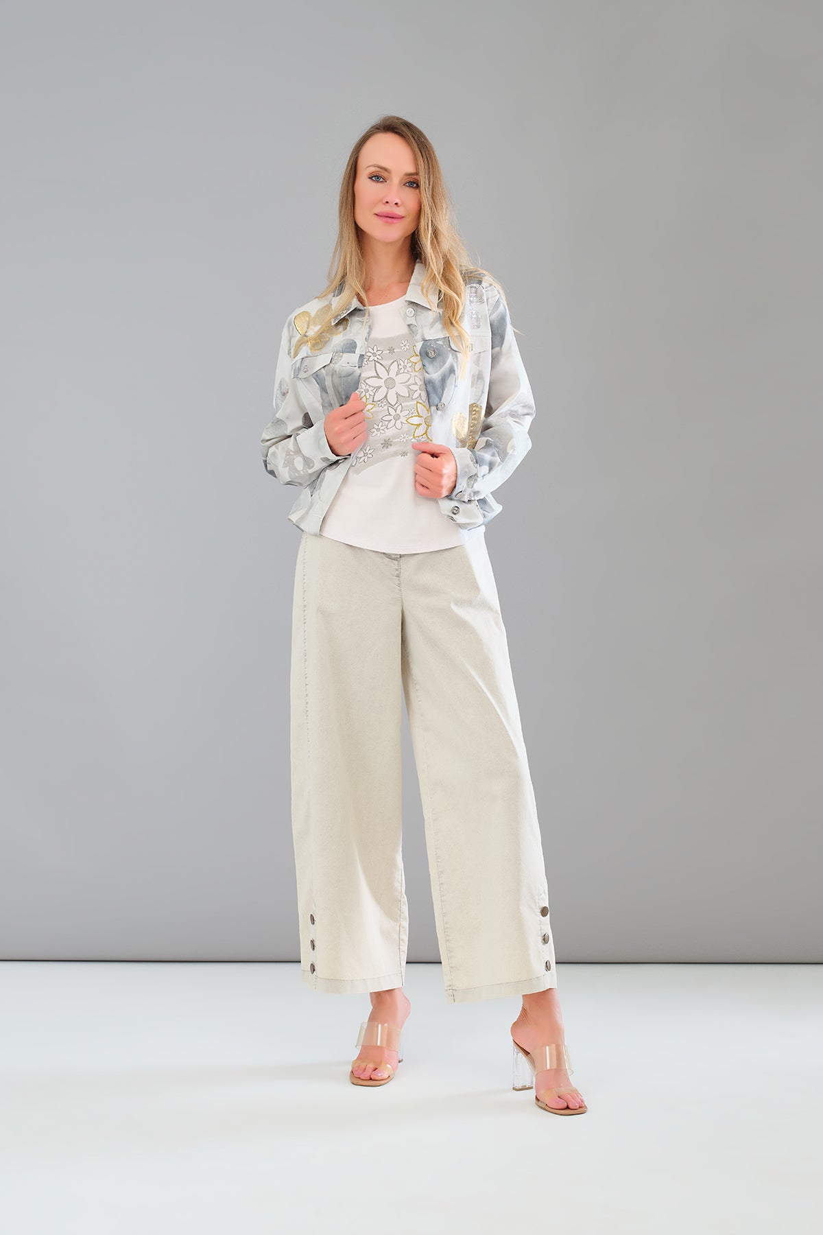 Stretch knit grey floral print jean jacket