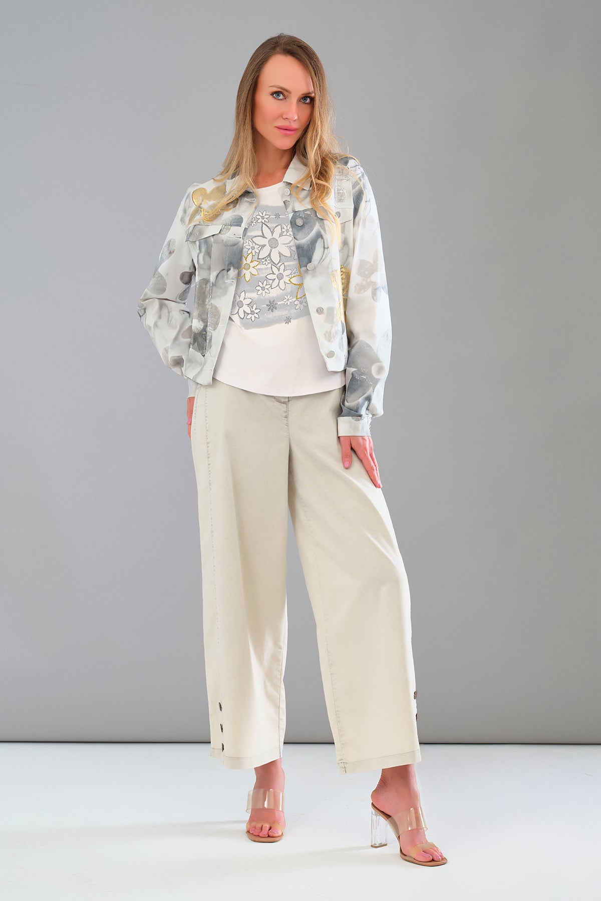 Stretch knit grey floral print jean jacket