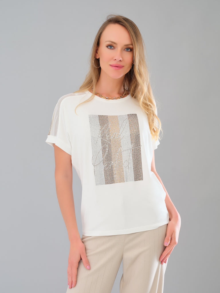 Premium Sequin Knit T-shirt In Off white With Sheer Accent Detail