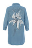 Blue denim shirt with a white floral design on a white background