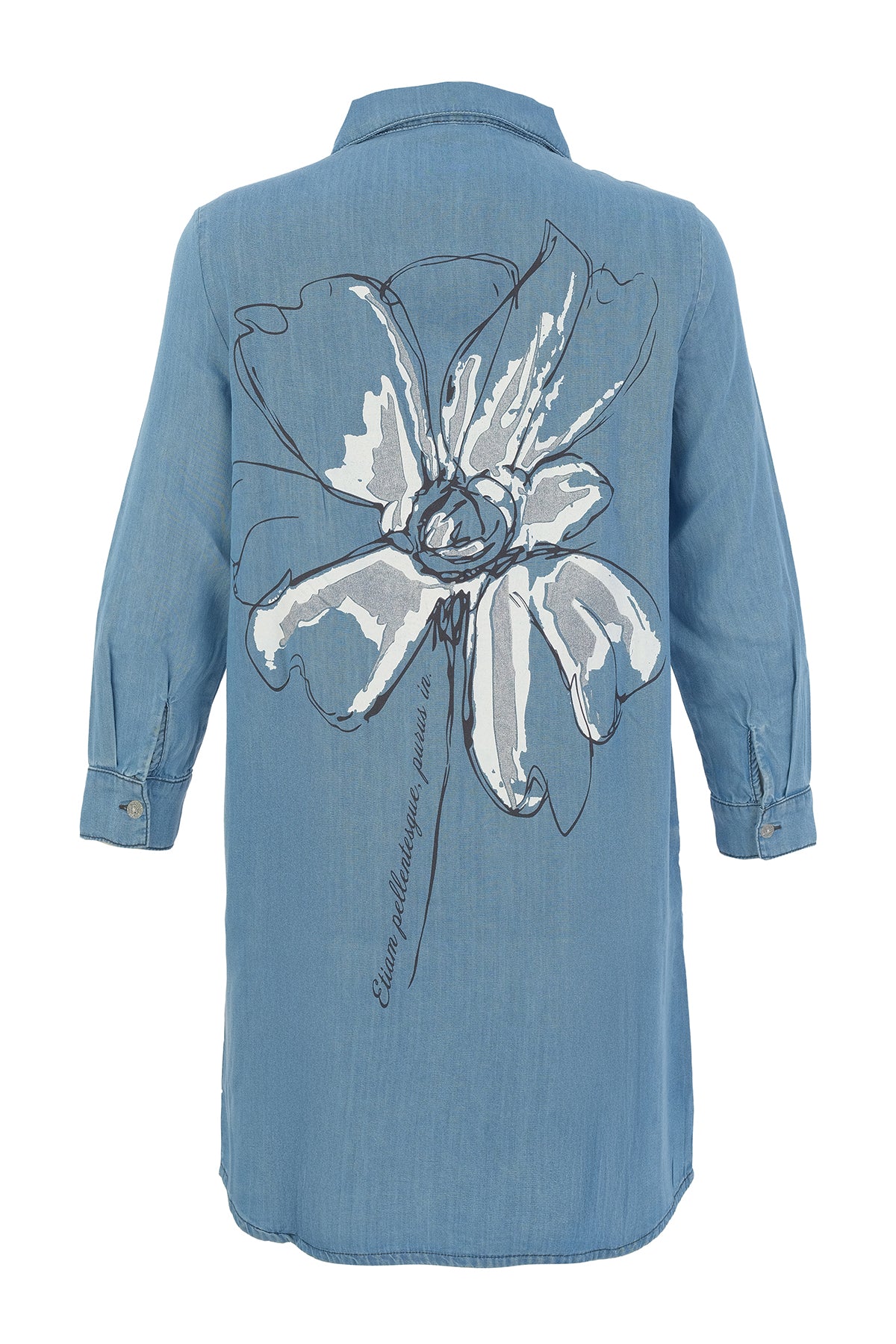Blue denim shirt with a white floral design on a white background