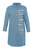 Blue denim shirt dress with text on a white background
