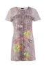 Gray denim dress with colorful graphic design on a white background