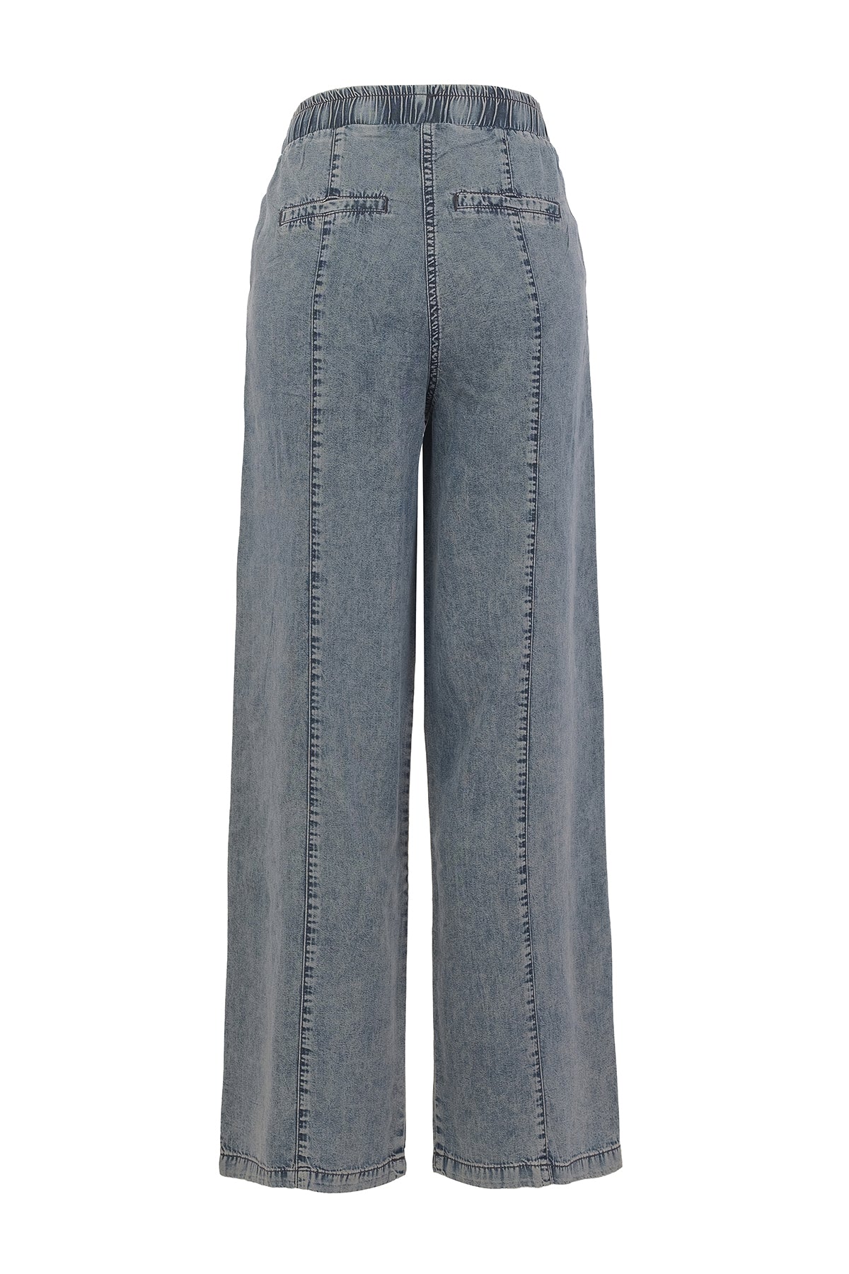 Blue denim wide-leg pants on a white background