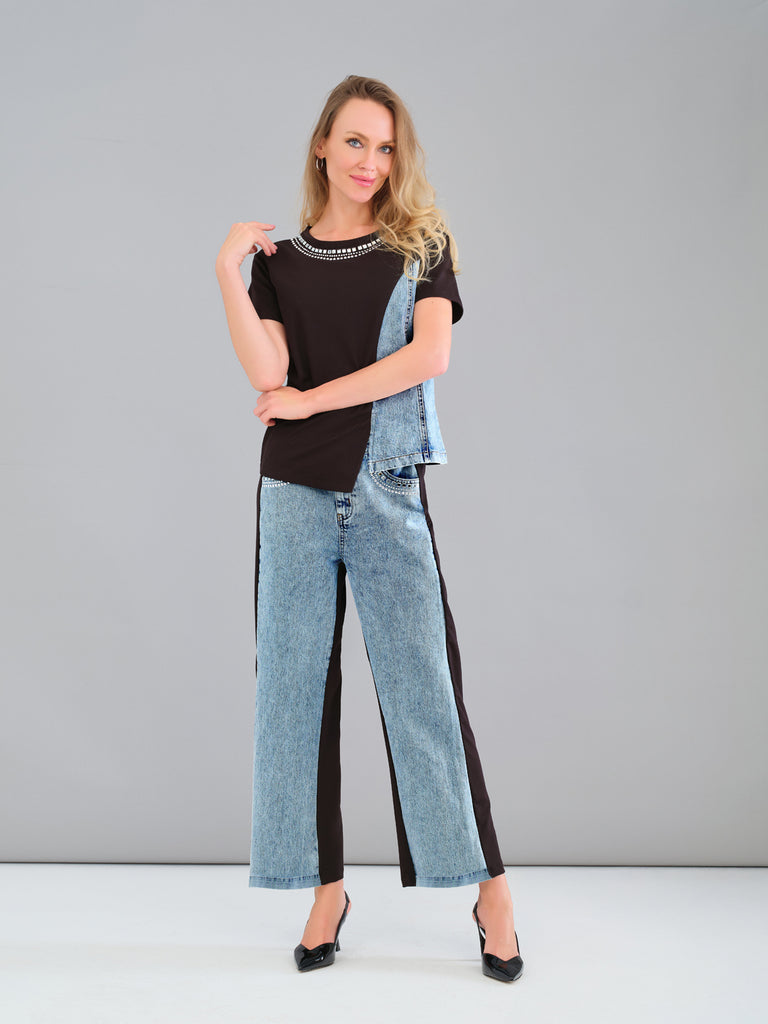 Short sleeve tunic with denim and sequin neckline detail