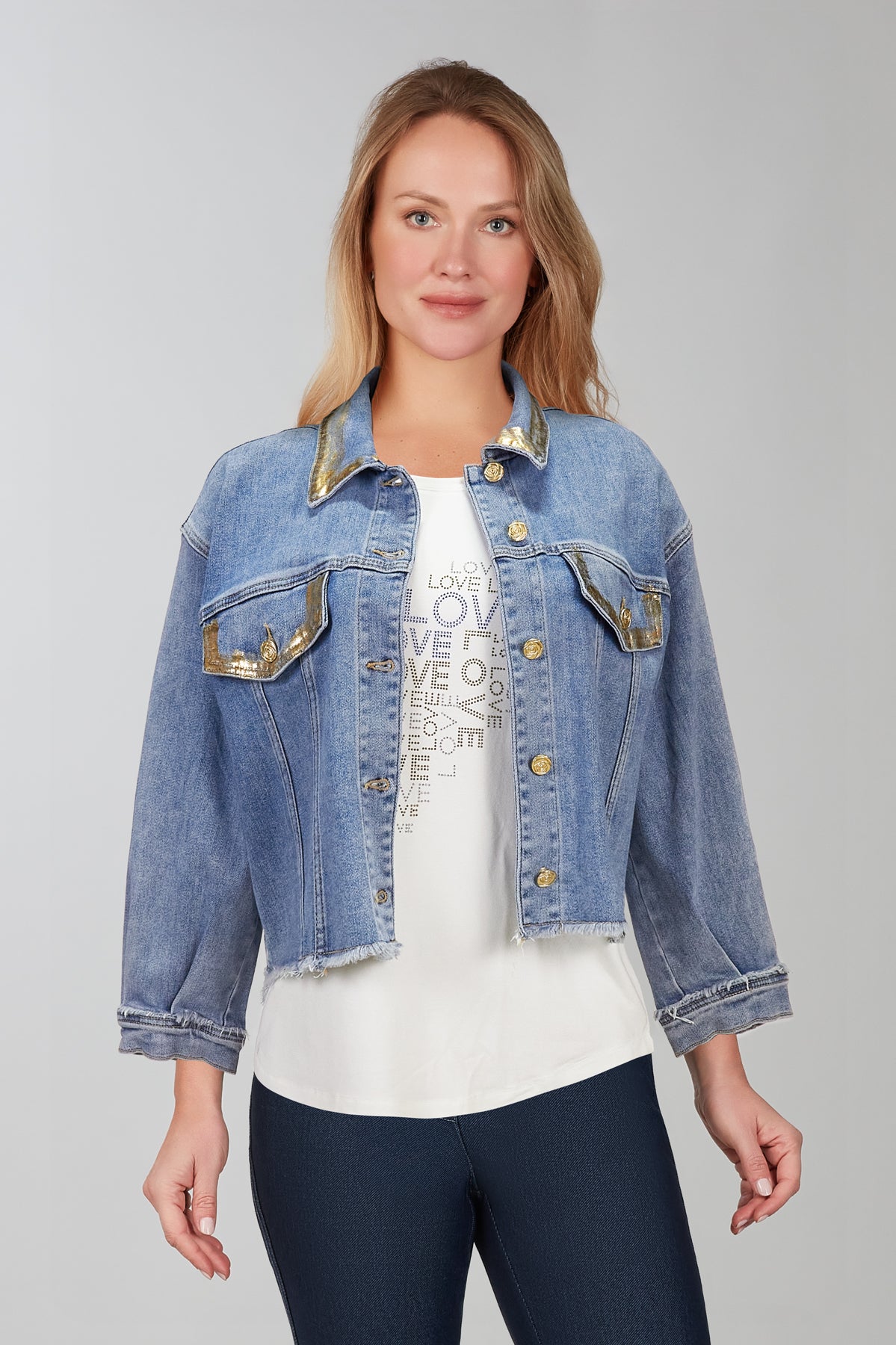 Short jean jacket with gold accent detail