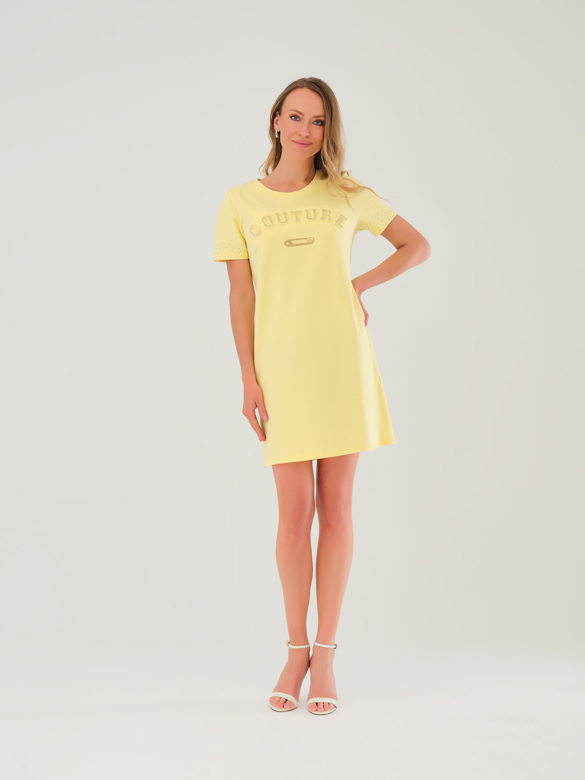 Yellow textured knit dress with front sequin print 