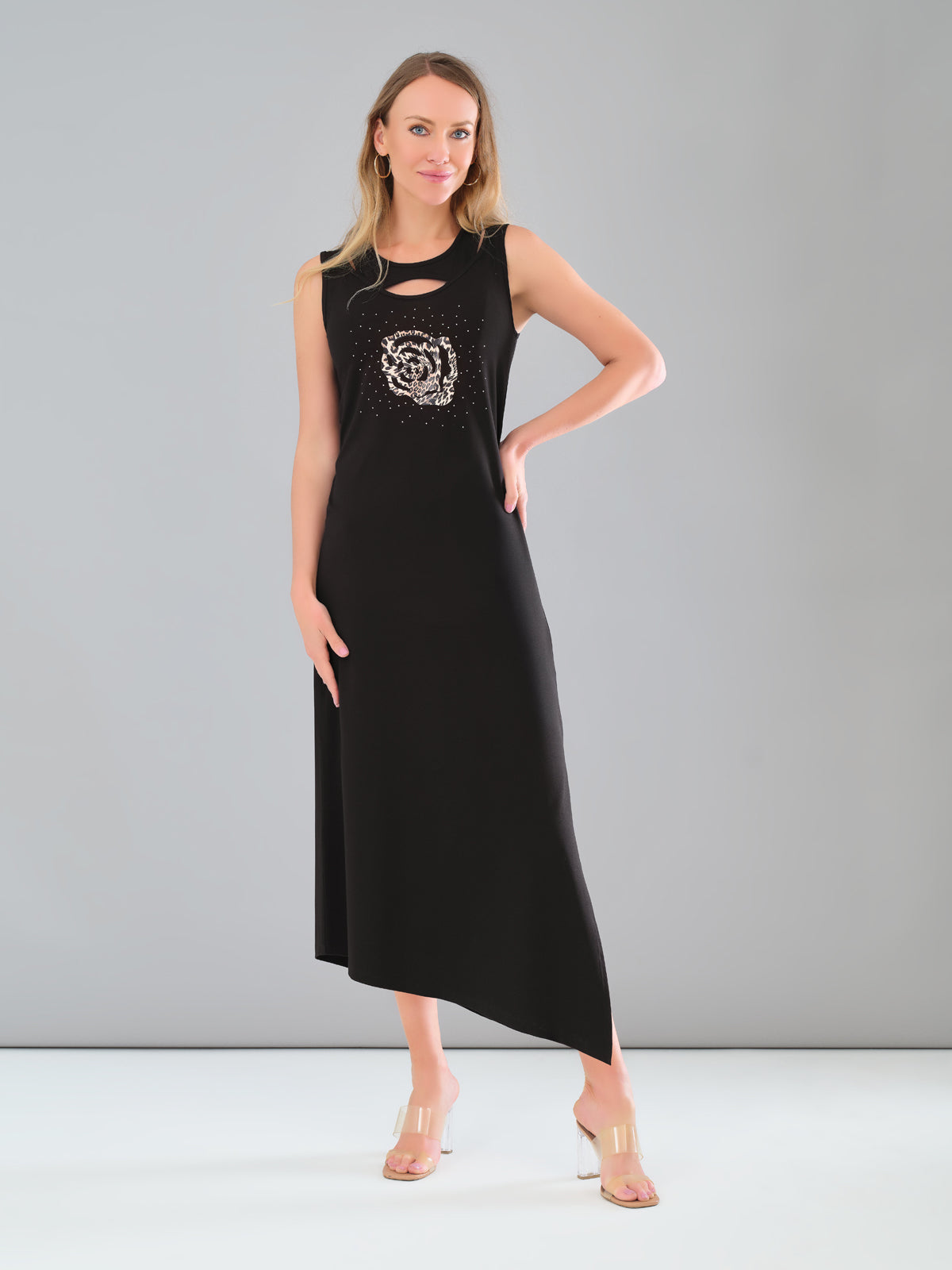 Black maxi dress with front sequin print detail