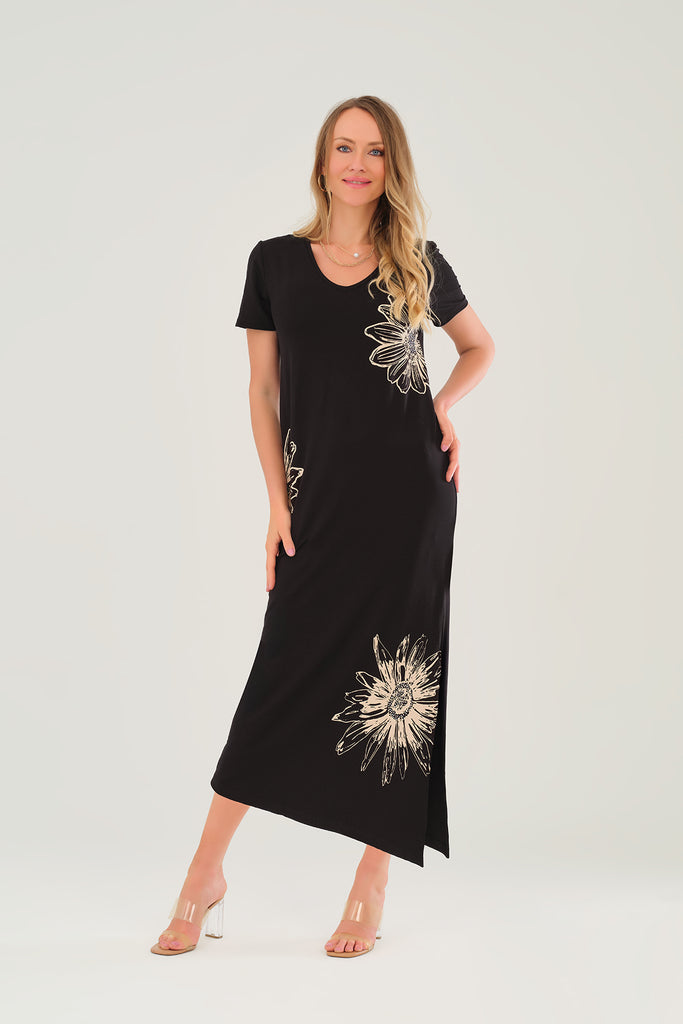 Black Maxi Dress With Front Beige Sequin Flora Print