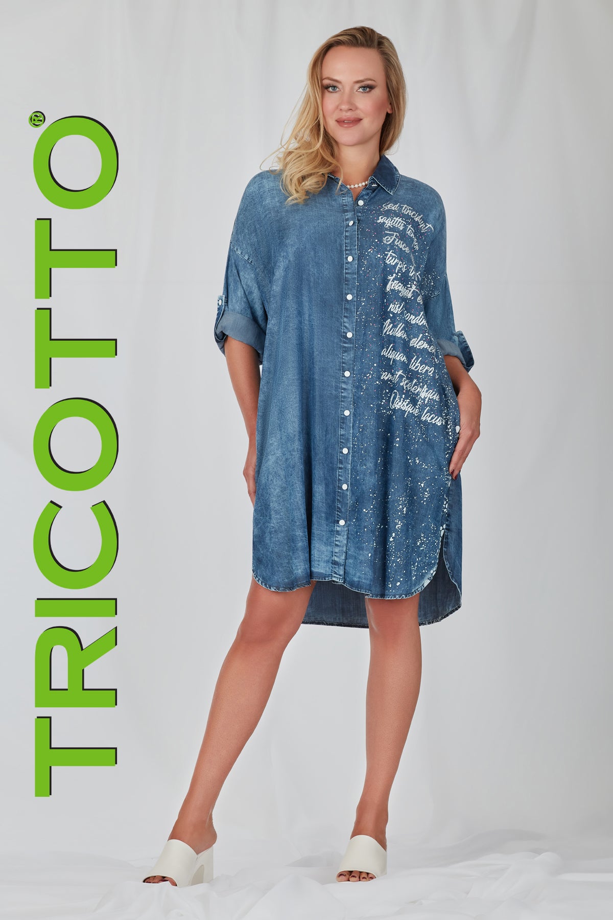 Tricotto Denim Blue Relaxed Cotton Knit Blouse Dress With Sequin Fashion Print On Front and Back