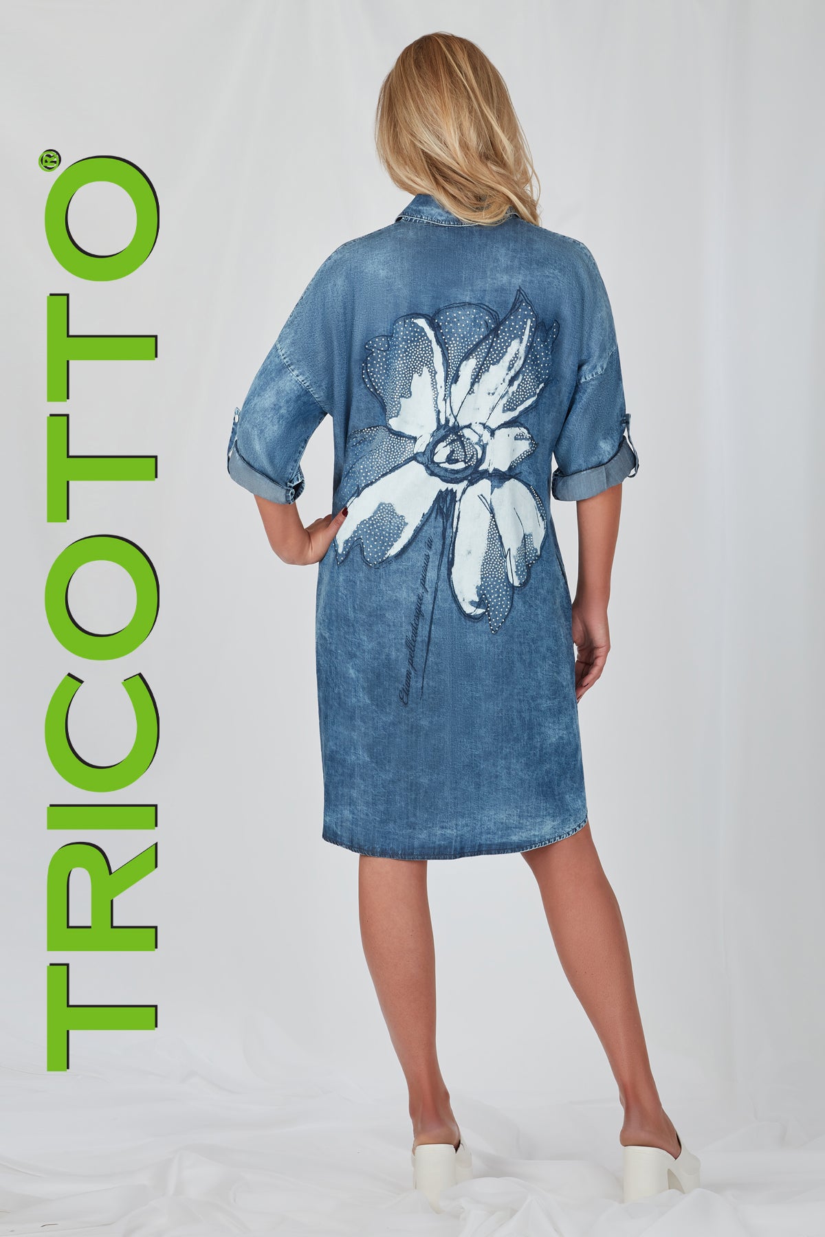 Tricotto Denim Blue Relaxed Cotton Knit Blouse Dress With Sequin Fashion Print On Front and Back