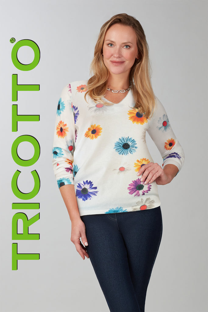 Tricotto floral pullover sweater in bright vivid colors