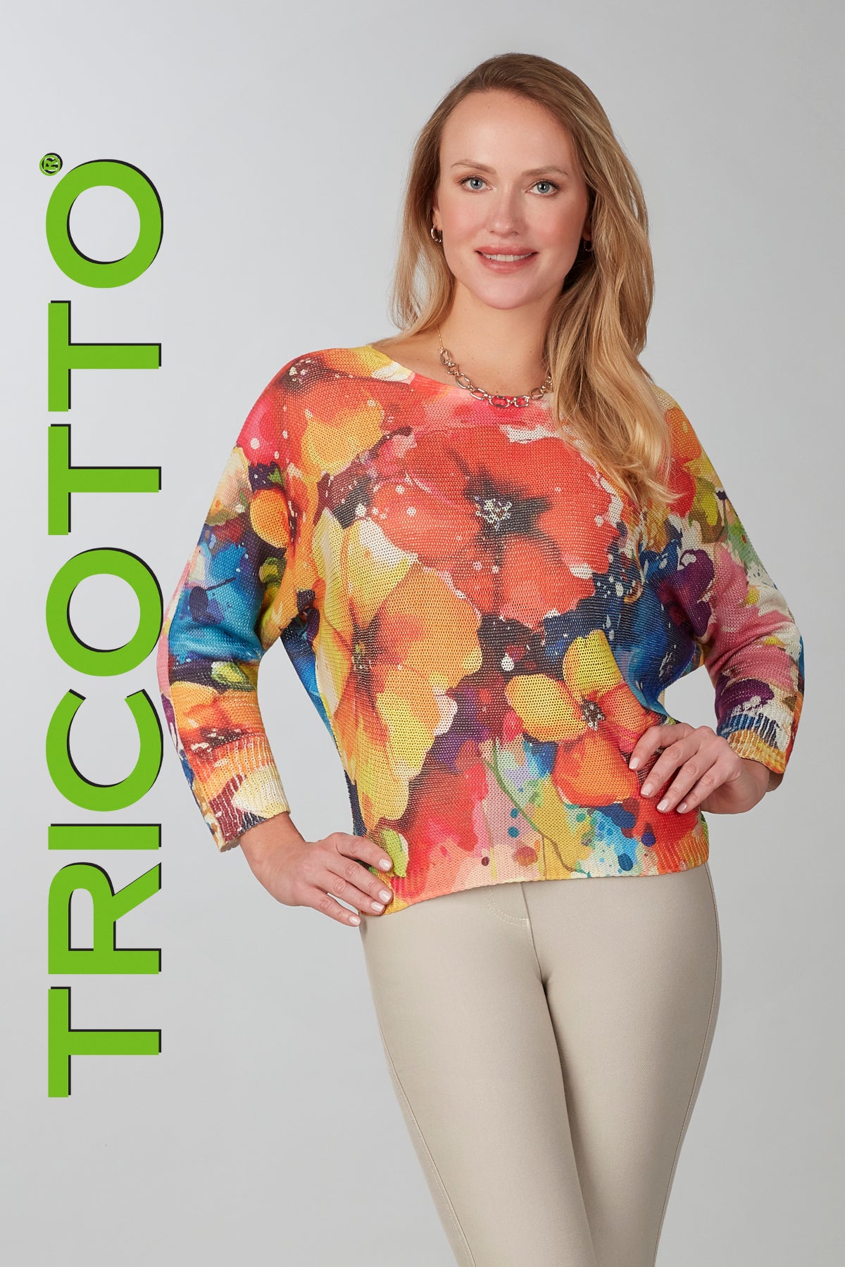 Tricotto Floral Knit Sweater In Coral Print.