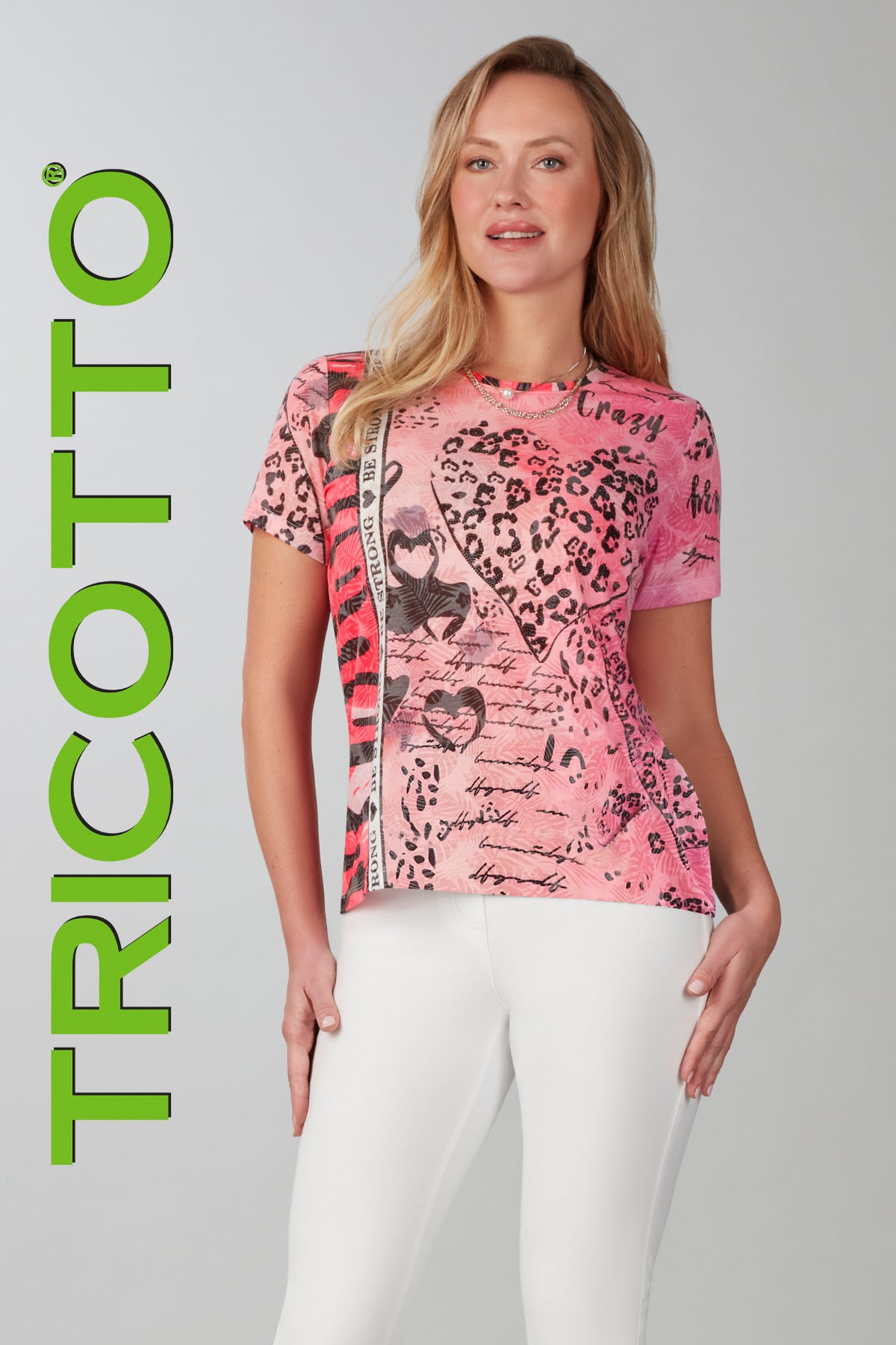 Tricotto Fuchsia print t-shirt with front sequin detail