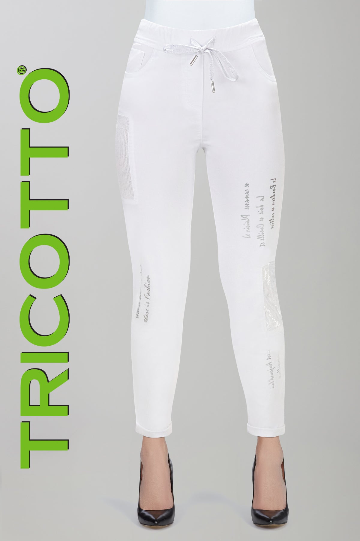 Tricotto White printed pull on pant with front print detail