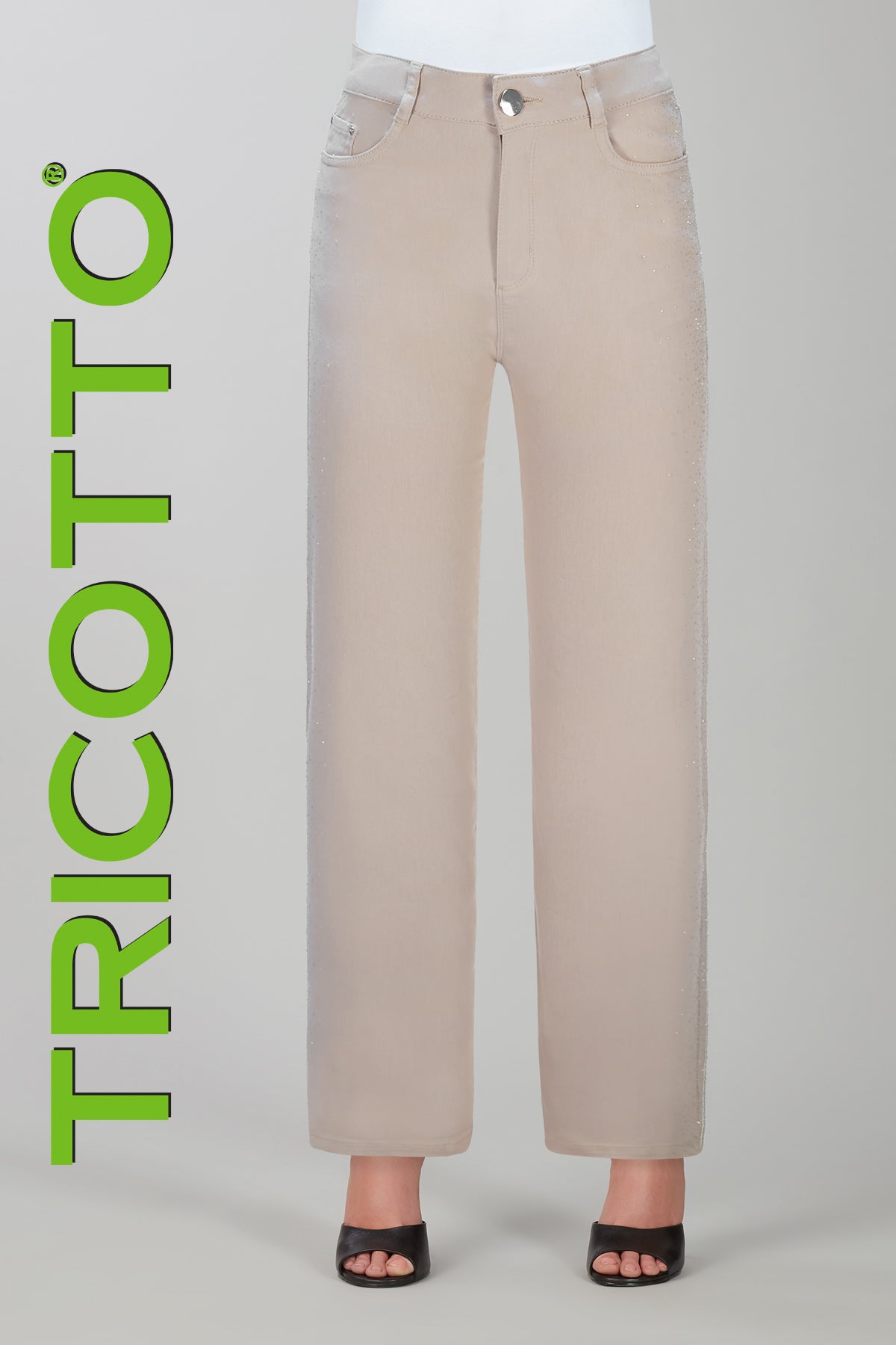 Tricotto cotton blend 5 pocket wide leg jeans with sequin side detail