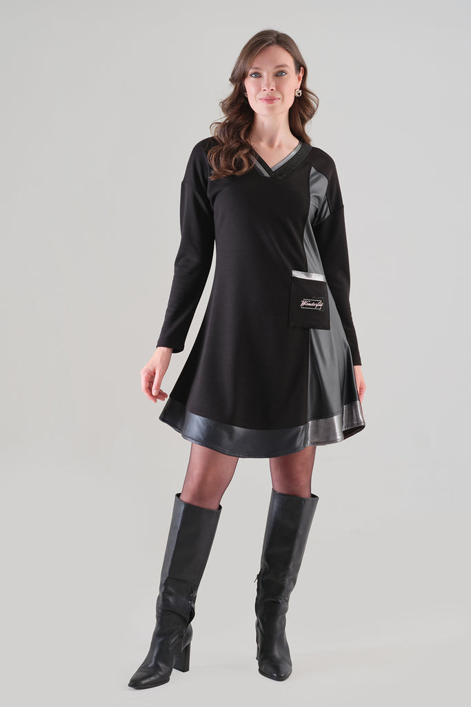 Chic Black Dress With Sequin And Vegan Front Detail. Tricotto 96008