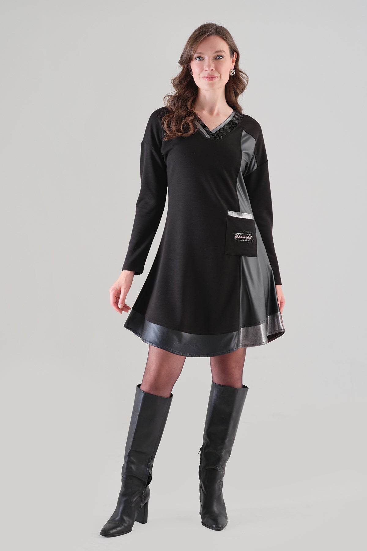 Chic Black Dress With Sequin And Vegan Front Detail. Tricotto 96008