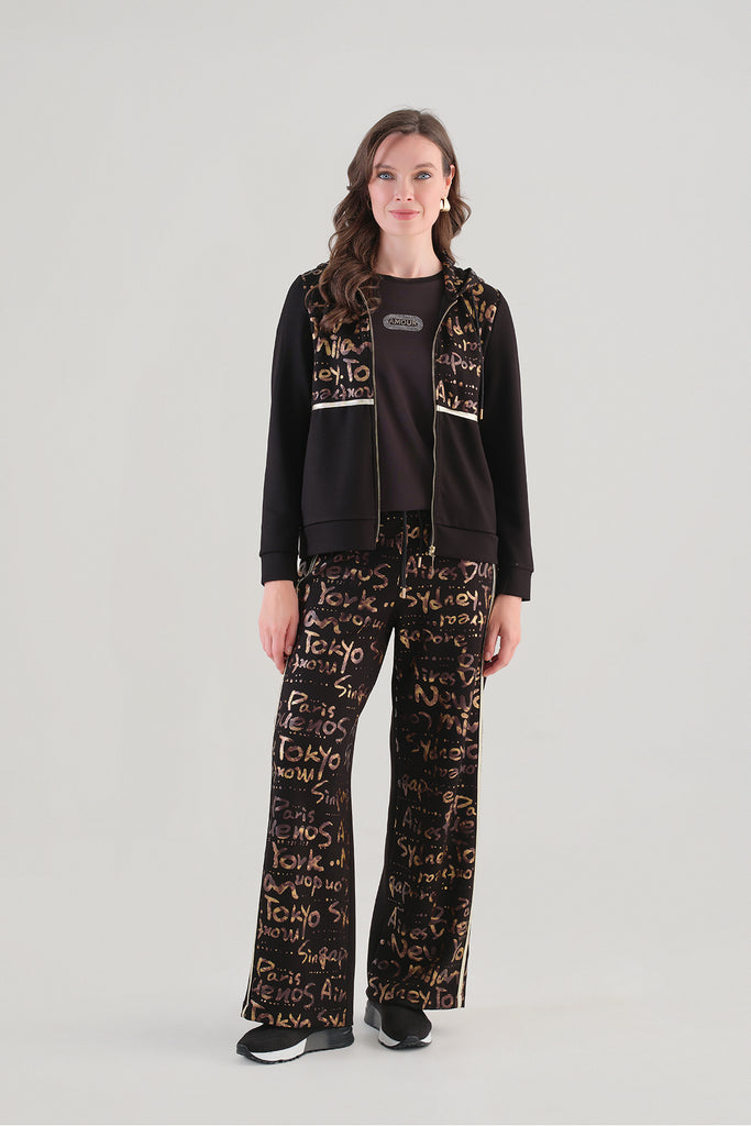 Textured Knit Hoodie Jacket With Gold Print Detail. Tricotto 96032