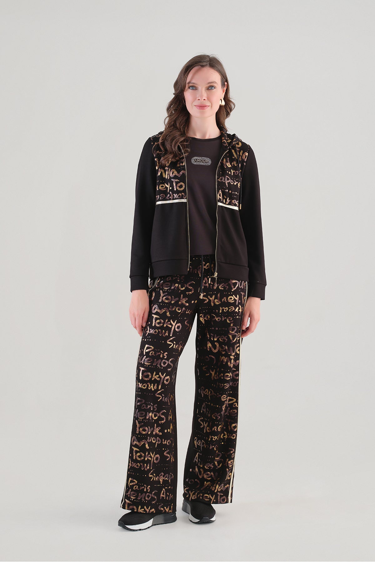 Textured Knit Hoodie Jacket With Gold Print Detail. Tricotto 96032