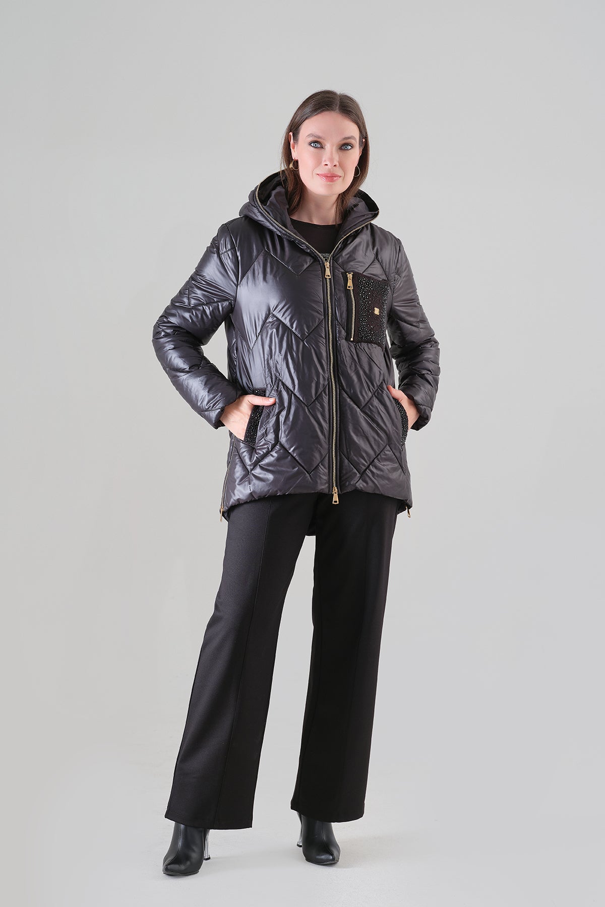 High Fashion Quilted Coat With Sequin And Gold Zip Detail. Tricotto 96037