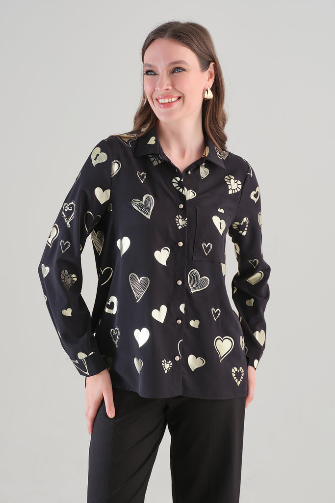 Woven Knit Blouse With Sequin Heart Print. Tricotto 96043
