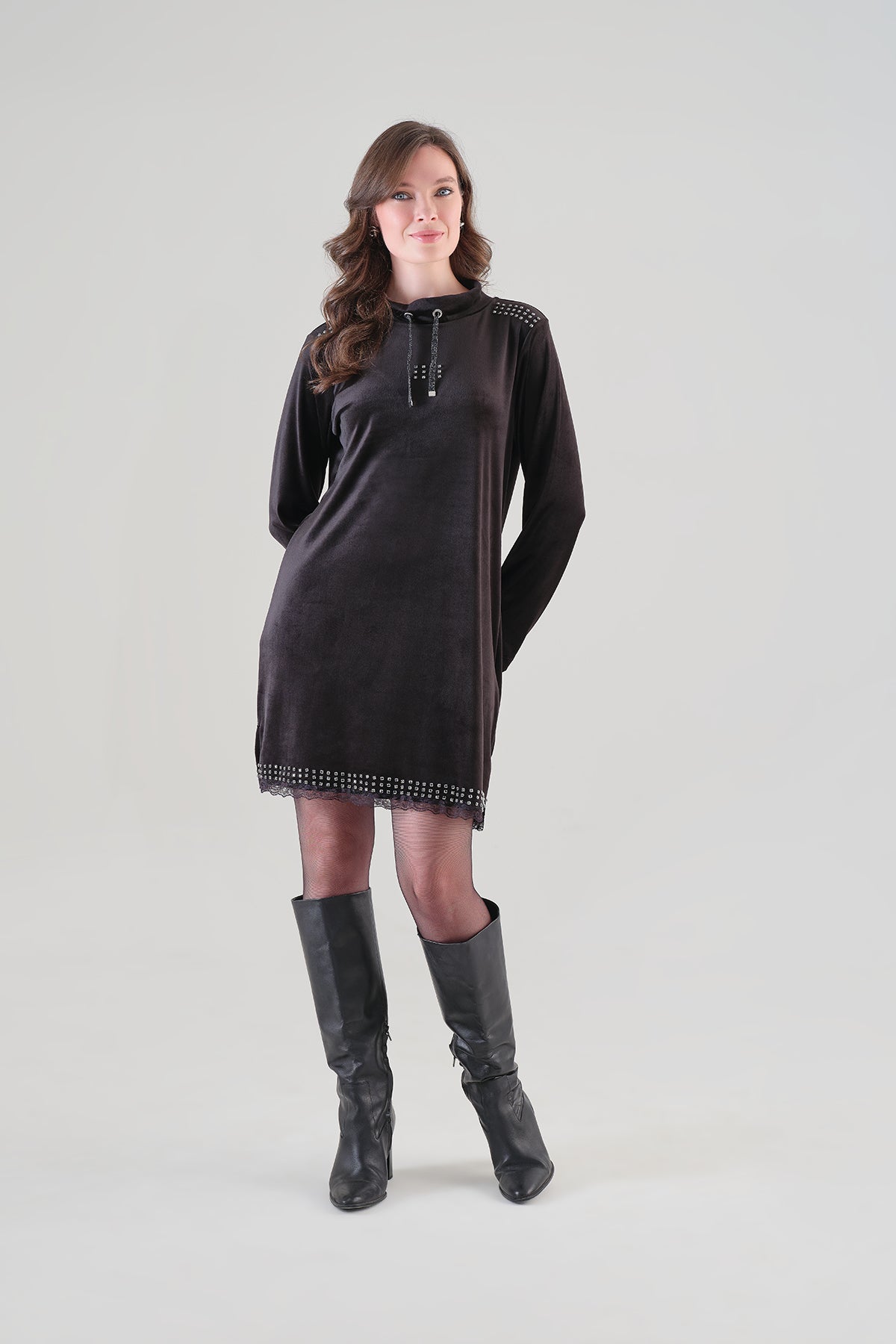 Casual Knit Velvet Dress With Crystal Stone Detail. Tricotto 96056